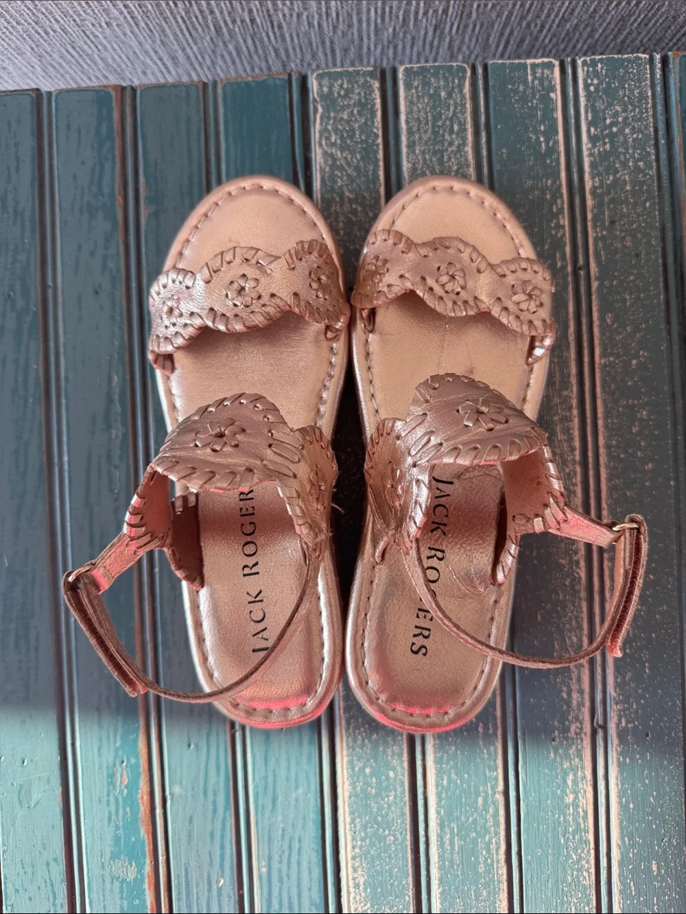 Girls Jack Rogers Metallic Gold Wedge Sandals with Floral Cutouts